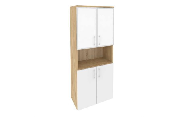 Шкаф высокий широкий (2 низких фасада ЛДСП + 2 низких фасада стекло лакобель в раме) O.ST-1.4R white/black