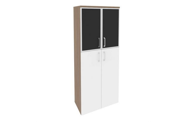 Шкаф высокий широкий (2 средних фасада ЛДСП + 2 низких фасада стекло лакобель в раме) O.ST-1.7R white/black