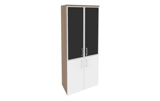 Шкаф высокий широкий (2 низких фасада ЛДСП + 2 средних фасада стекло лакобель в раме) O.ST-1.2R white/black