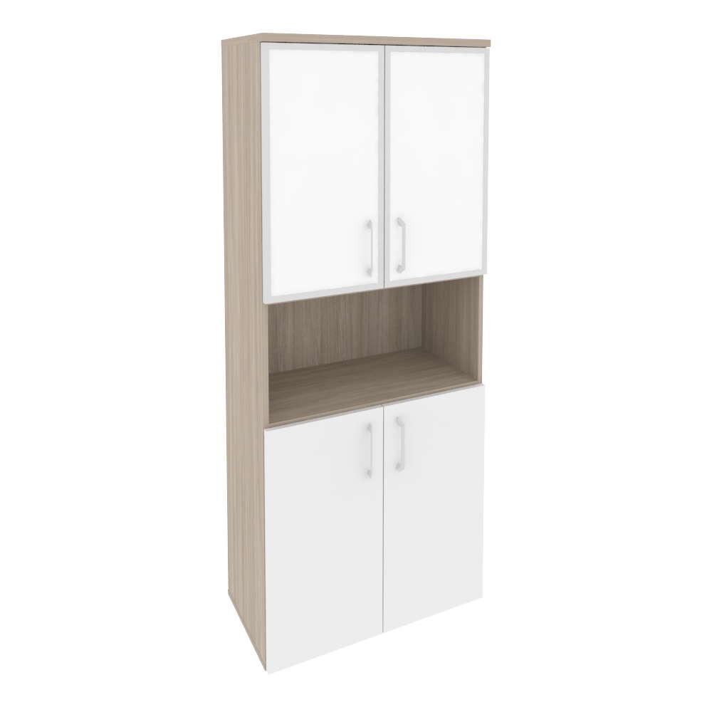 Шкаф высокий широкий (2 низких фасада ЛДСП + 2 низких фасада стекло лакобель в раме) O.ST-1.4R white/black