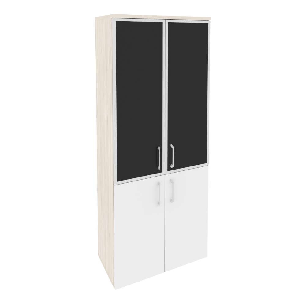 Шкаф высокий широкий (2 низких фасада ЛДСП + 2 средних фасада стекло лакобель в раме) O.ST-1.2R white/black